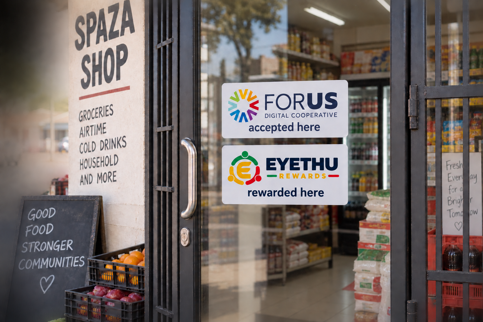 Concept image of a spaza entrance with FORUS accepted here and Eyethu rewarded here decals on the glass window